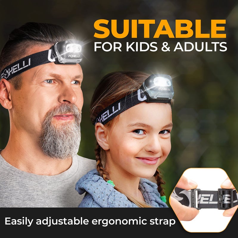 Foxelli LED Headlamp Flashlight for Adults & Kids, Running, Camping, Hiking Head Lamp with White & Red Light, Comfortable Headband, Lightweight & Waterproof, 3 AAA Batteries - Image 4
